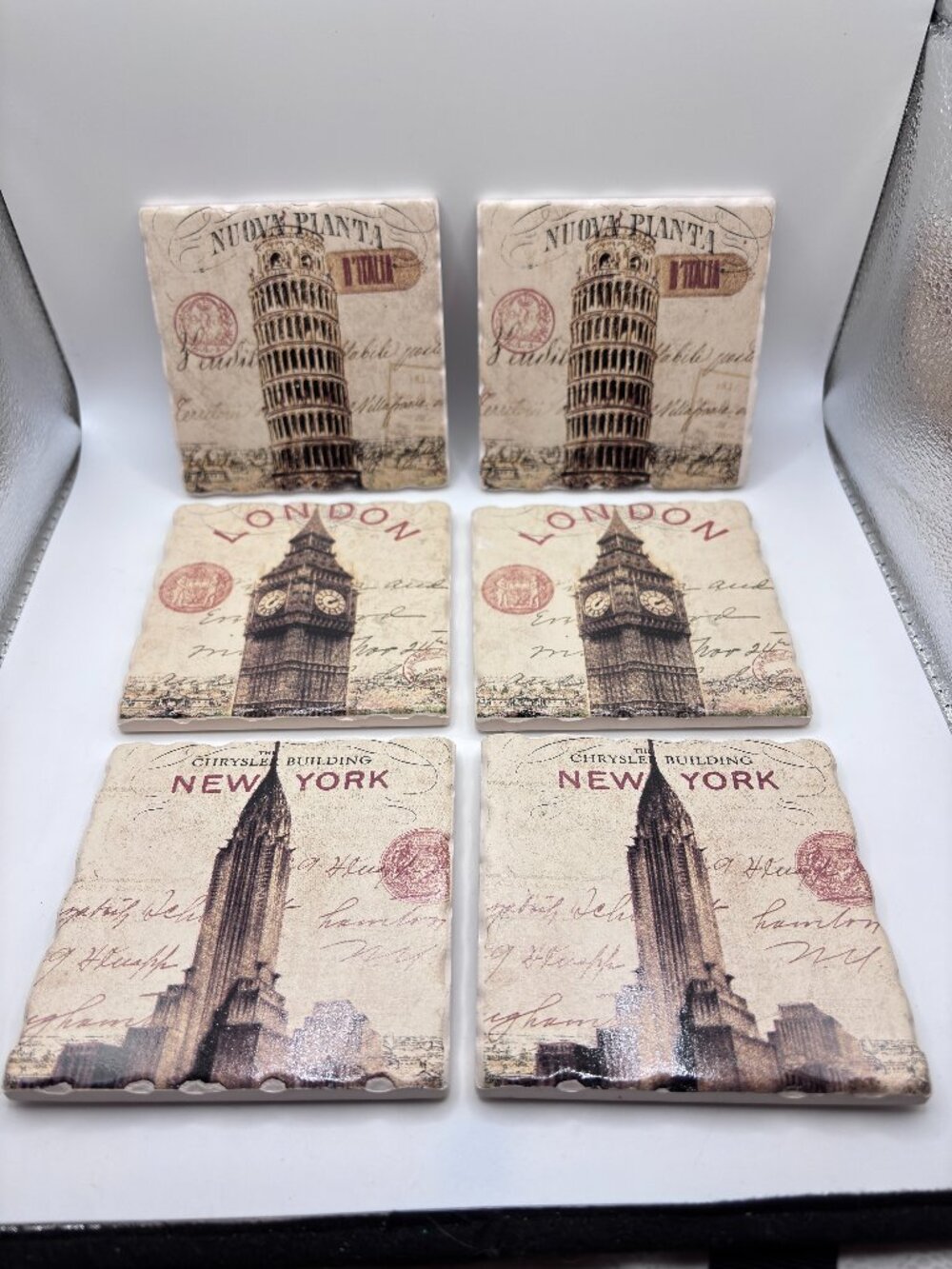 Pier 1 Imports world tour 6 ceramic coasters NY Italy London rough edge postcard